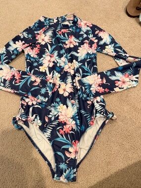 Seafolly girls long Sleeve flamingo Floral One-Piece Swimsuit sz 12